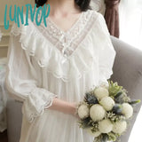Lunivop Vintage White Night Dress Women Cotton Embroidery Lace Princess Sleepwear Victorian Nightgowns Peignoir Ladies Home Lounge Wear