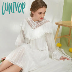 Lunivop Vintage White Night Dress Women Cotton Embroidery Lace Princess Sleepwear Victorian