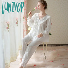 Lunivop Vintage White Pajamas Women Autumn Sweet Cotton Sexy Lace Long Sleeve Sleep Tops Bottoms