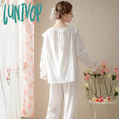 Lunivop Vintage White Pajamas Women Autumn Sweet Cotton Sexy Lace Long Sleeve Sleep Tops Bottoms