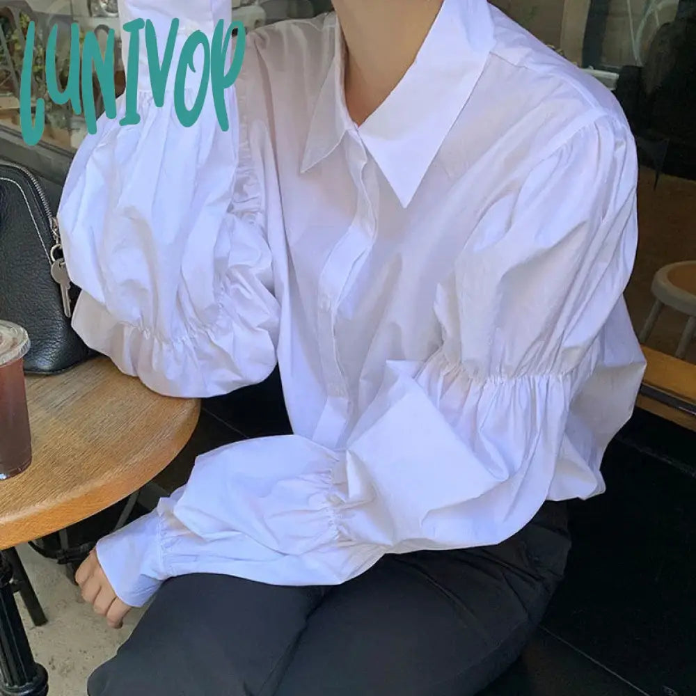 Lunivop Vintage White Shirts Women Puff Sleeve Folds Blouses Korean Streetwear Office Lady Elegant