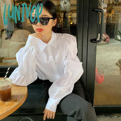 Lunivop Vintage White Shirts Women Puff Sleeve Folds Blouses Korean Streetwear Office Lady Elegant