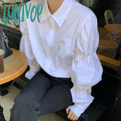 Lunivop Vintage White Shirts Women Puff Sleeve Folds Blouses Korean Streetwear Office Lady Elegant