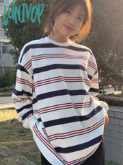Lunivop Vintage White Striped Sweatshirts Women Harajuku Fashion Streetwear Crew Neck Hoodies