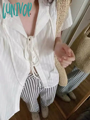 Lunivop Vintage White Women Blouses Elegant Lace Up Shirt Cardigan Casual Sweet Loose Short Sleeve