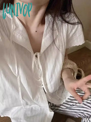 Lunivop Vintage White Women Blouses Elegant Lace Up Shirt Cardigan Casual Sweet Loose Short Sleeve
