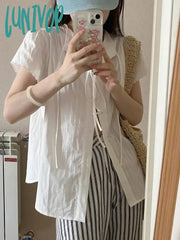 Lunivop Vintage White Women Blouses Elegant Lace Up Shirt Cardigan Casual Sweet Loose Short Sleeve