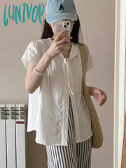 Lunivop Vintage White Women Blouses Elegant Lace Up Shirt Cardigan Casual Sweet Loose Short Sleeve