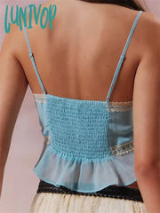 Lunivop Vintage Women Mesh Sheer Camis Tops Lace Trim Adjustable Strap See Through V Neck Tank Crop