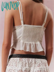 Lunivop Vintage Women Mesh Sheer Camis Tops Lace Trim Adjustable Strap See Through V Neck Tank Crop