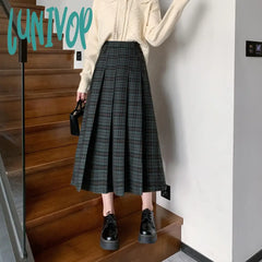 Lunivop Vintage Women Plaid Pleated Skirts For Ladies Long 2024 Spring Summer A-Line Loose Casual