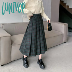 Lunivop Vintage Women Plaid Pleated Skirts For Ladies Long 2024 Spring Summer A-Line Loose Casual
