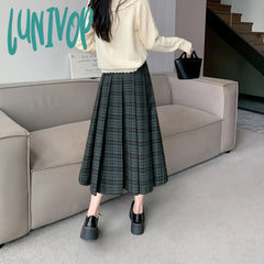 Lunivop Vintage Women Plaid Pleated Skirts For Ladies Long 2024 Spring Summer A-Line Loose Casual