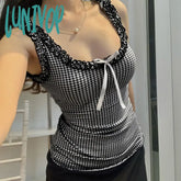 Lunivop Vintage Y2K Aesthetic Plaid Top Vest Sleeveless Ruffles Bow Cutecore Summer Tank Women