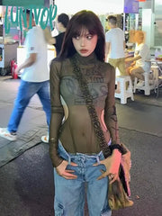 Lunivop Vintage Y2K Graphic Mesh T Shirts Women 2000S Grunge See Through Slim Kpop Tops Hollow