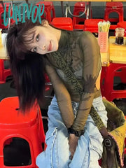 Lunivop Vintage Y2K Graphic Mesh T Shirts Women 2000S Grunge See Through Slim Kpop Tops Hollow
