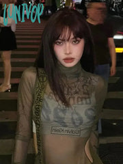 Lunivop Vintage Y2K Graphic Mesh T Shirts Women 2000S Grunge See Through Slim Kpop Tops Hollow