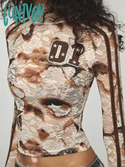 Lunivop Vintage Y2K Lace Mesh T Shirts Women Grunge Streetwear Aesthetic Tops American Retro Sexy