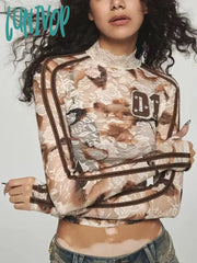 Lunivop Vintage Y2K Lace Mesh T Shirts Women Grunge Streetwear Aesthetic Tops American Retro Sexy