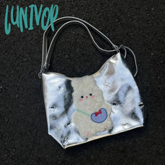 Lunivop Vintage Y2K Womens Tote Bag Cute Bunny Patchwork Silver Fashion Shoulder Pu Leather Large