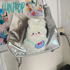 Lunivop Vintage Y2K Womens Tote Bag Cute Bunny Patchwork Silver Fashion Shoulder Pu Leather Large