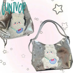Lunivop Vintage Y2K Womens Tote Bag Cute Bunny Patchwork Silver Fashion Shoulder Pu Leather Large