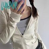 Lunivop Vintage Zip Up Cropped Hoodies Women Korean Style Streetwear Hooded Sweatshirts Kpop Solid