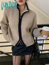 Lunivop Vintage Zip Up Knitted Cardigan Women Korean Style Cropped Sweater Female Casual Loose Long