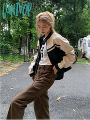 Lunivop Vintage Zip Up Leather Jacket For Women Harajuku Streetwear Grunge Pu Bomber Black White