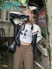 Lunivop Vintage Zip Up Leather Jacket For Women Harajuku Streetwear Grunge Pu Bomber Black White