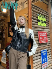Lunivop Vintage Zip Up Leather Jacket For Women Harajuku Streetwear Grunge Pu Bomber Black White