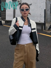 Lunivop Vintage Zip Up Leather Jacket For Women Harajuku Streetwear Grunge Pu Bomber Black White