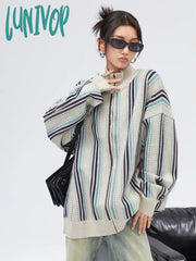 Lunivop Vintage Zipper Striped Cardigan Women Harajuku Fashion Oversized Knitted Sweater Y2K