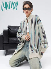 Lunivop Vintage Zipper Striped Cardigan Women Harajuku Fashion Oversized Knitted Sweater Y2K