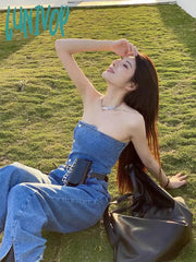 Lunivop Waistband Bra High Waist Jeans Jumpsuit Women’s Summer Thin Split Wide Leg Trousers Mop