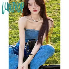Lunivop Waistband Bra High Waist Jeans Jumpsuit Women’s Summer Thin Split Wide Leg Trousers Mop