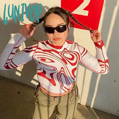 Lunivop Wave Print Y2K Graphic Long Sleeve Crop Top T Shirt Autumn New Basic Casual Vintage 90S