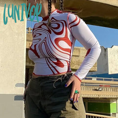 Lunivop Wave Print Y2K Graphic Long Sleeve Crop Top T Shirt Autumn New Basic Casual Vintage 90S