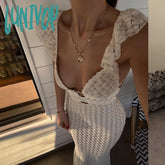 Lunivop White Crochet Beach Sexy Dress Women Deep V Neck Knitted Sleeveless Slim High Waist Hollow