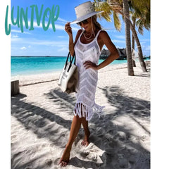 Lunivop White Crochet Tunic Bikini Cover-Ups Sexy Hollow Out Dress Women Summer Clothes See Through
