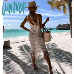 Lunivop White Crochet Tunic Bikini Cover-Ups Sexy Hollow Out Dress Women Summer Clothes See Through
