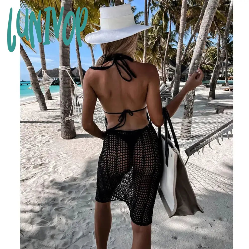 Lunivop White Crochet Tunic Bikini Cover-Ups Sexy Straped Hollow Out Bodycon Dress Women Summer
