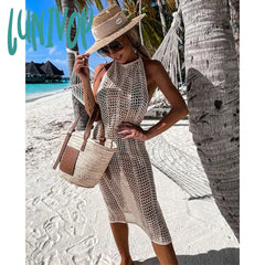 Lunivop White Crochet Tunic Bikini Cover-Ups Sexy Straped Hollow Out Bodycon Dress Women Summer