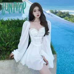 Lunivop White Dress Women Sexy Square Collar Low Cut Fashion Long Sleeve Corset Party Nightclub For