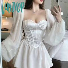 Lunivop White Dress Women Sexy Square Collar Low Cut Fashion Long Sleeve Corset Party Nightclub For