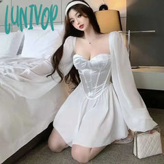 Lunivop White Dress Women Sexy Square Collar Low Cut Fashion Long Sleeve Corset Party Nightclub For