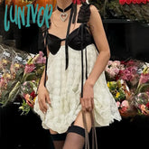 Lunivop White Flower Lace Backless Dress For Women Summer Sleeveless Patchwork Loose Mini Dresses