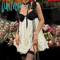 Lunivop White Flower Lace Backless Dress For Women Summer Sleeveless Patchwork Loose Mini Dresses