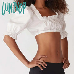 Lunivop White Fungus Blouses Women 2024 New Sexy Fashion Square Collar Puff Sleeve Cropped Tops