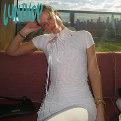 Lunivop White Hollow Lace Up Bodycon Dress For Women Slinky Turtleneck Short Sleeves Splice Female